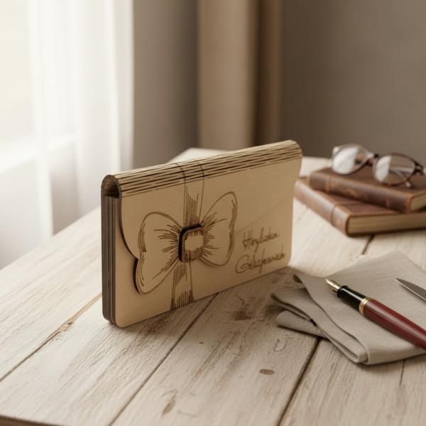 Geöffneter Holz‑Umschlag aus Sperrholz mit Innenfach für Geldschein oder persönliche Botschaft